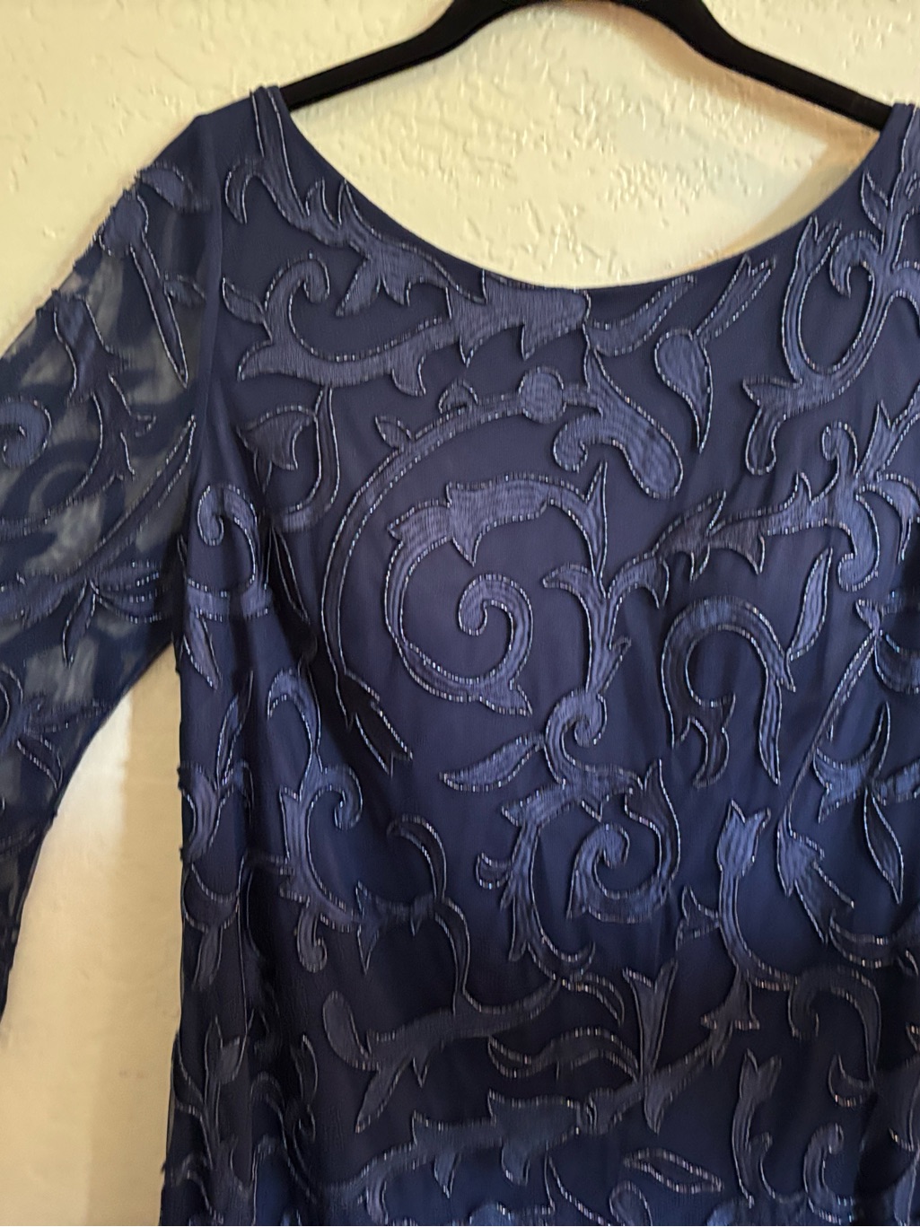 Aidan Mattox Navy Sheer Long-Sleeve Embroidered Dress
